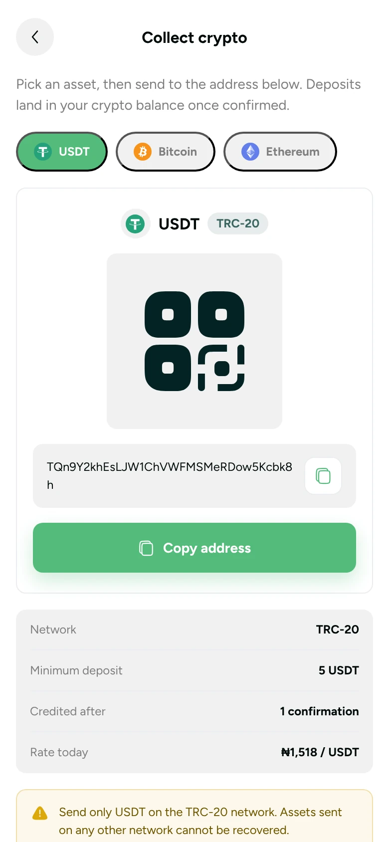 Collect crypto screen with asset picker, deposit QR code and address