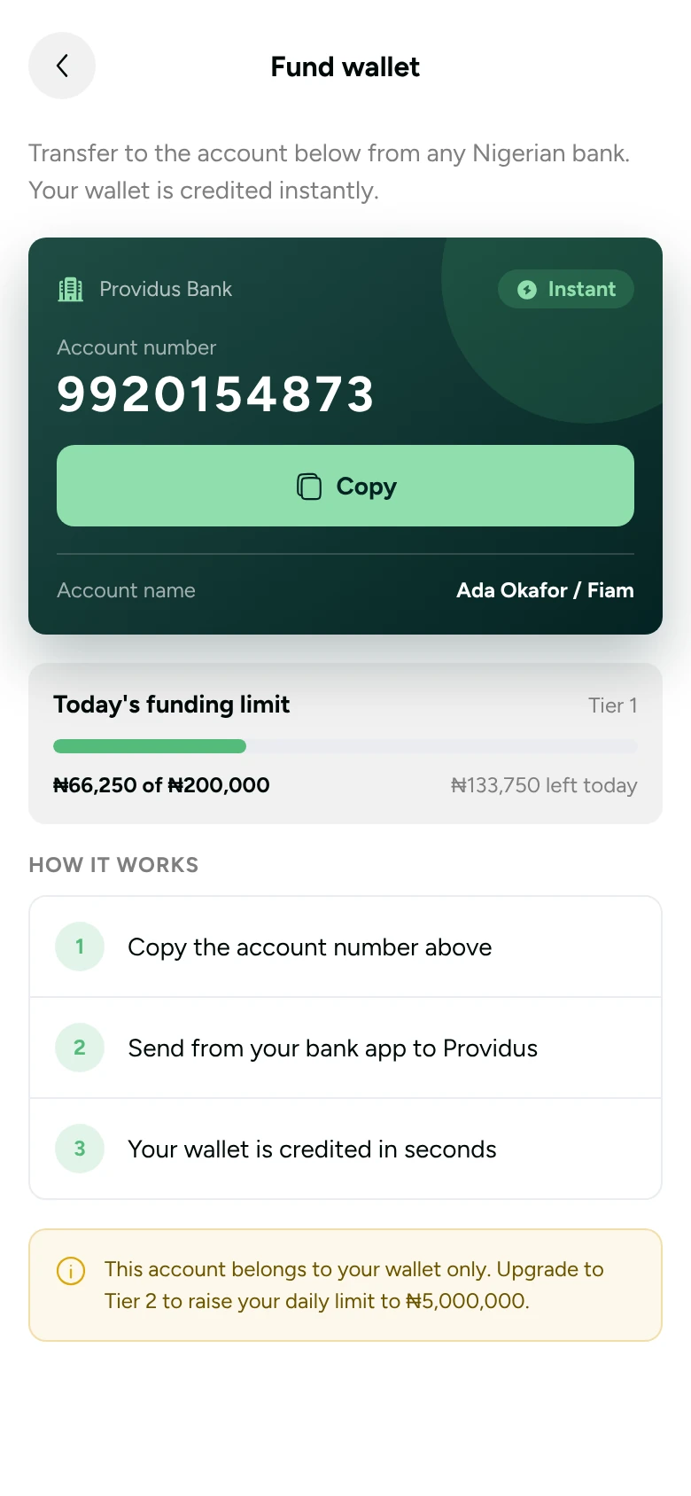 Fund wallet screen with your personal account number