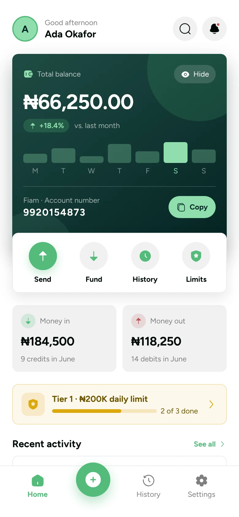 Fiam Finance dashboard showing a ₦66,250 balance, account number and quick actions