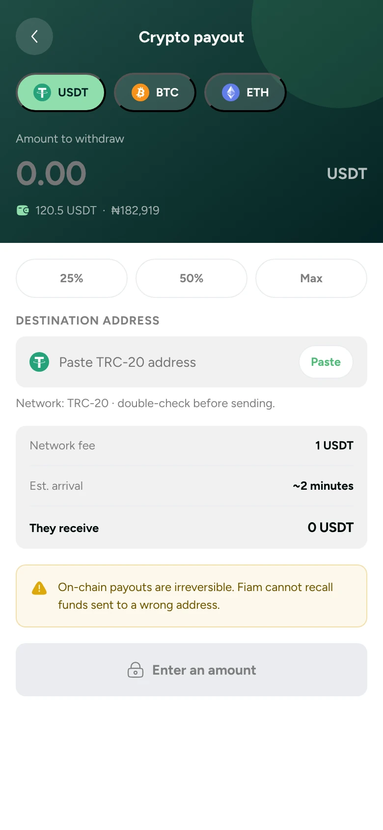 Crypto payout screen with amount, destination address and fee breakdown