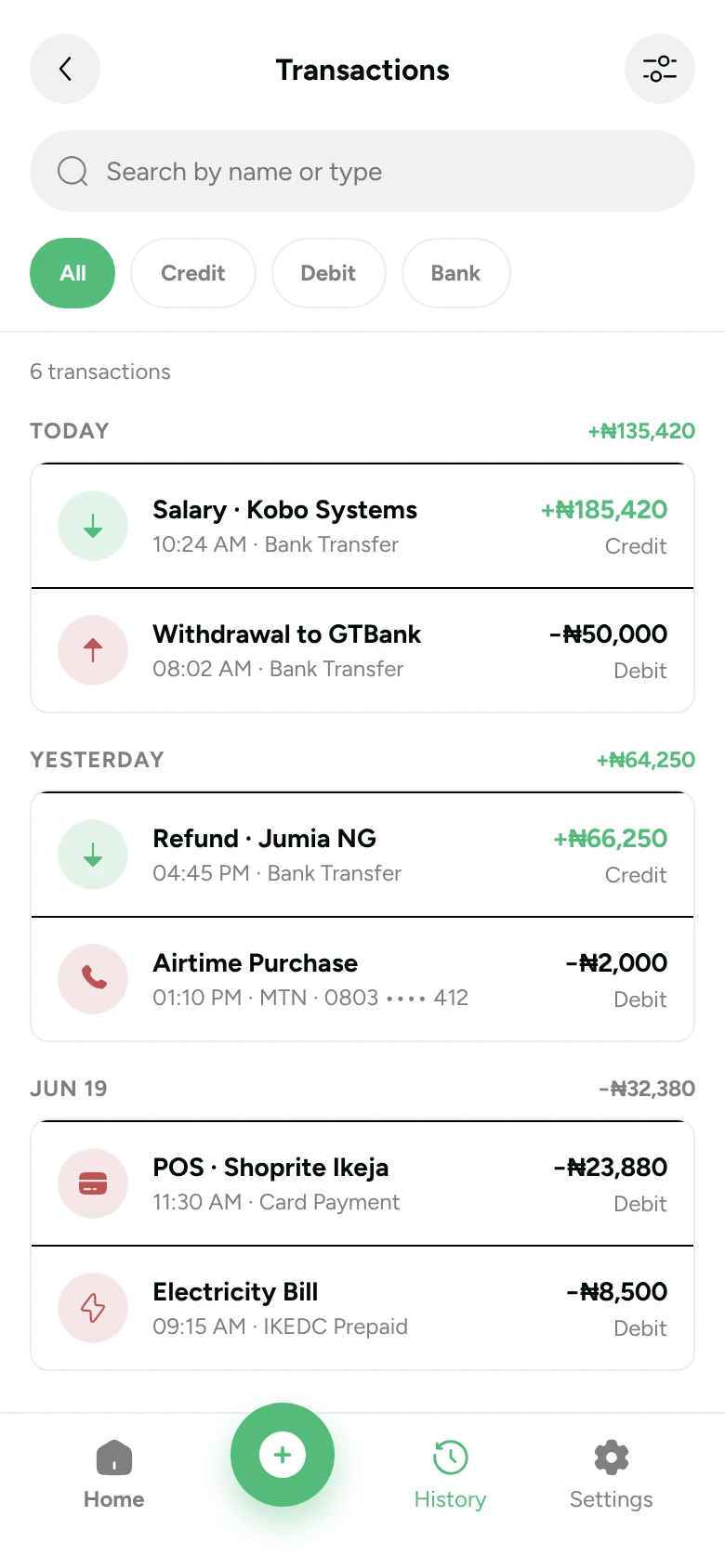 Transactions screen with search, filters and daily totals
