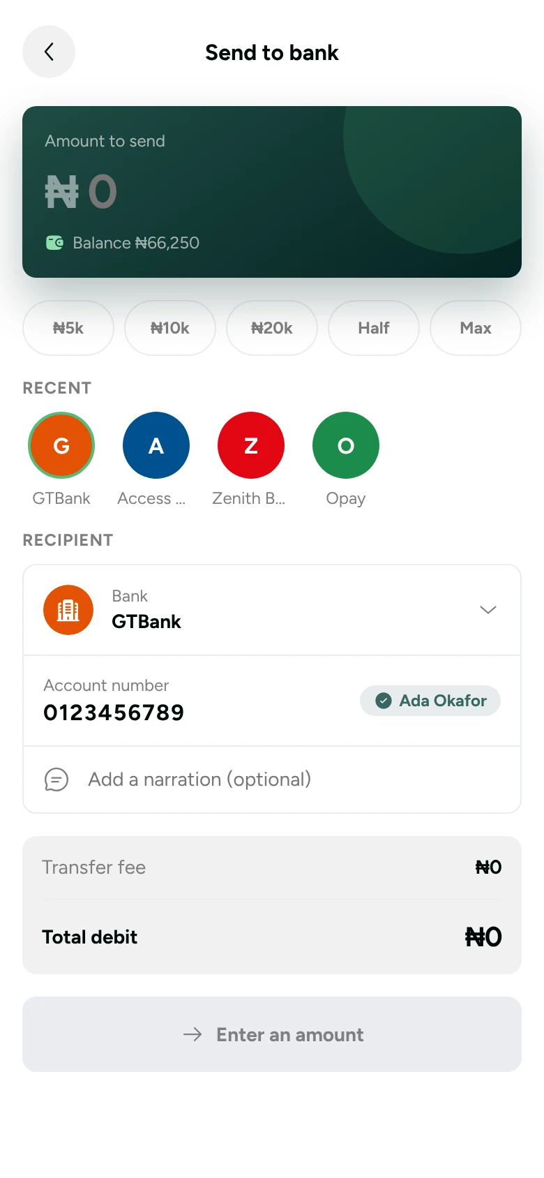 Send to bank screen with amount, recent recipients and transfer fee